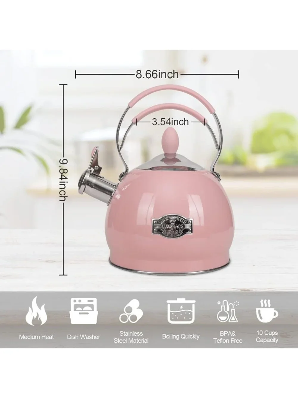 Pink Whistling Stainless Steel Kitchen Tea Kettles 2.6 Quart Stovetop Induction
